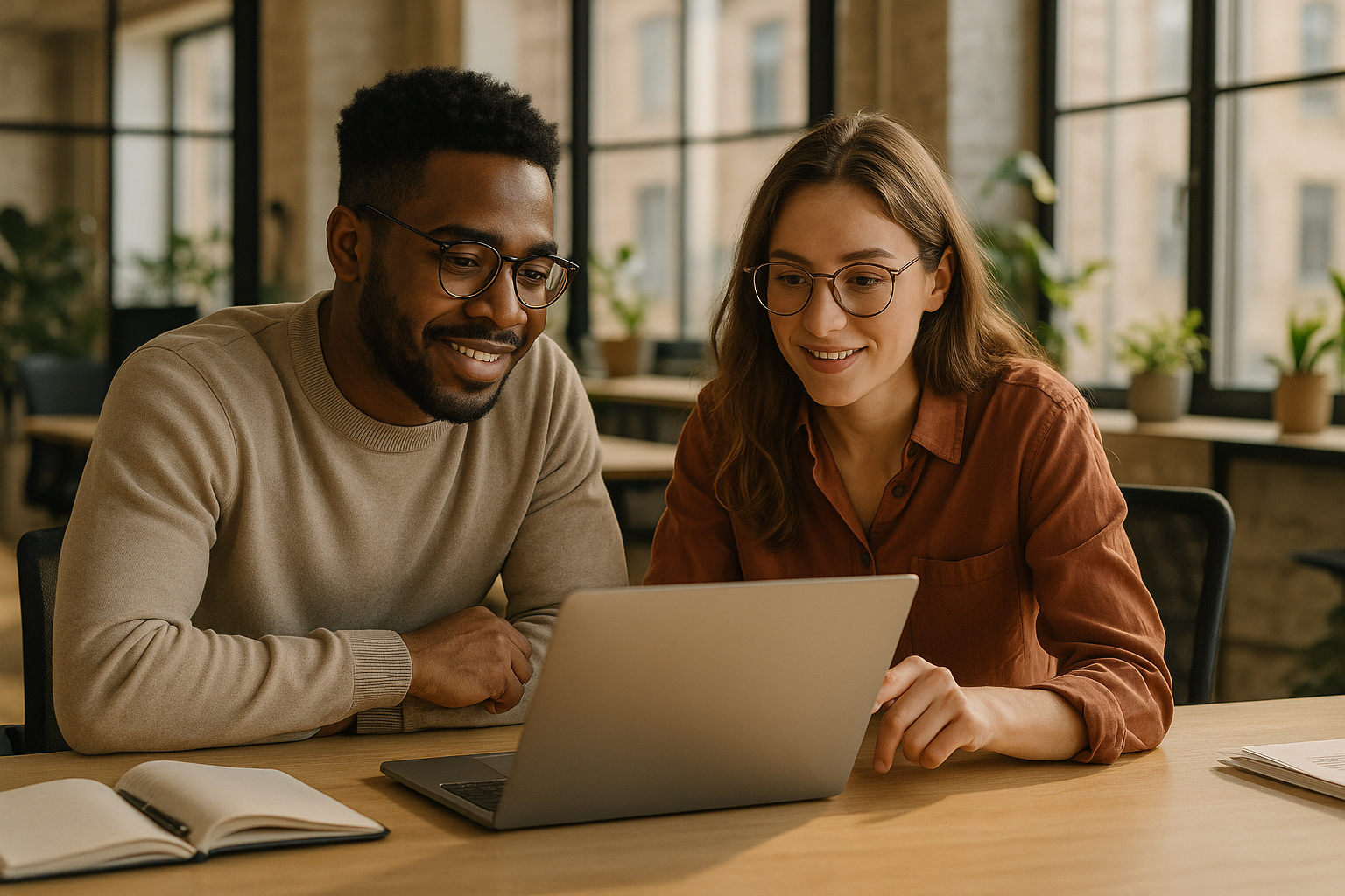 Two people collaborating over a laptop