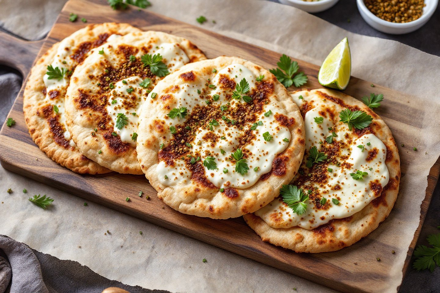 Manakeesh zaatar on wooden board