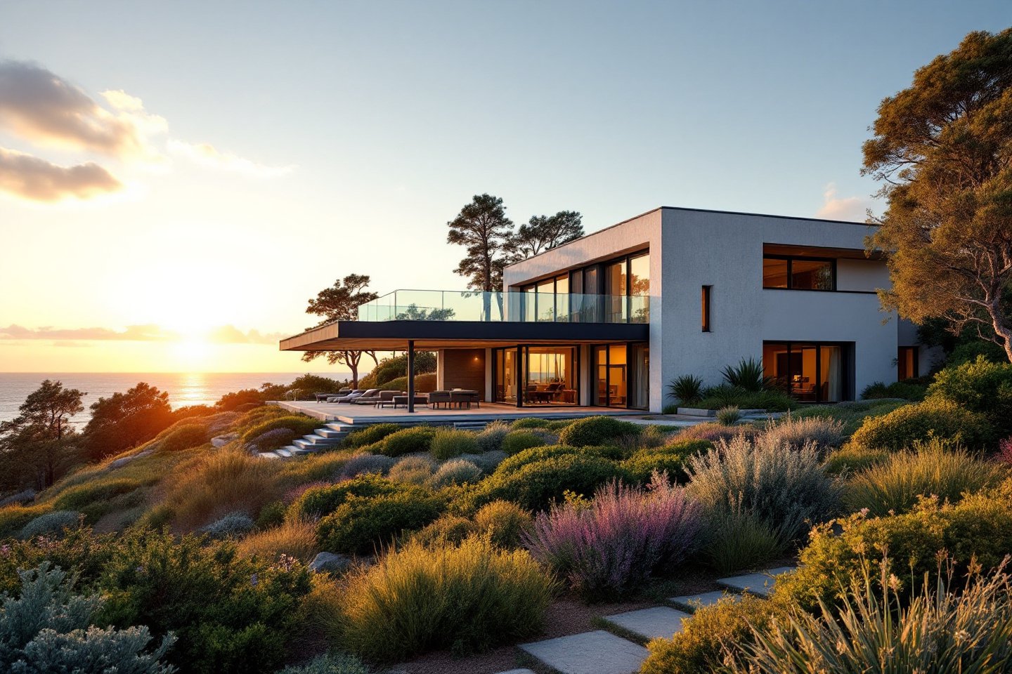 Modern coastal house exterior at golden hour with ocean view