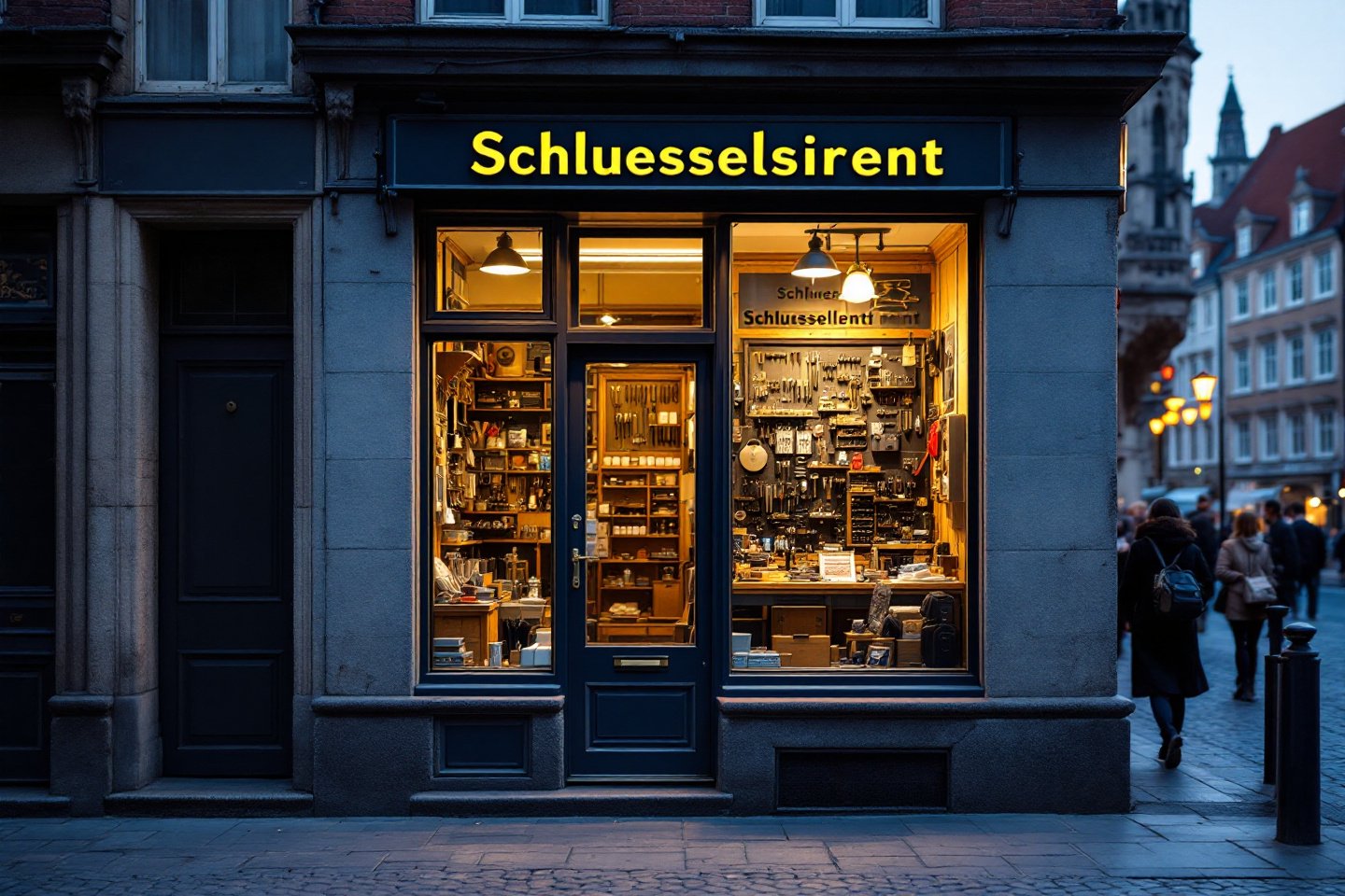 Storefront of a locksmith in Koln with Schluesseldienst signage and a trustworthy local feel