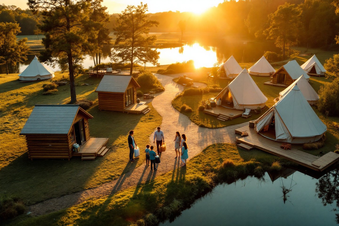 Golden-hour aerial of a warm glamping site with pods and tents by a lake